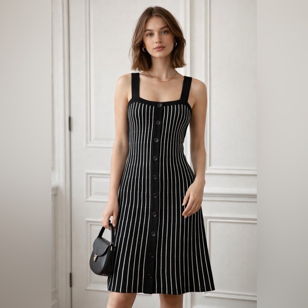 Black White Pinstripe‎ Button Front Midi Dress Stretchy Clean Girl Minimalist